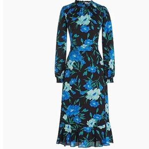 J. Crew Ruffleneck Peasant Long Sleeve Midi Dress Blue Black Floral Sz 2